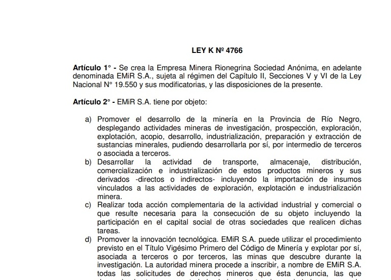 Proponen disolver una empresa minera rionegrina creada en el 2012